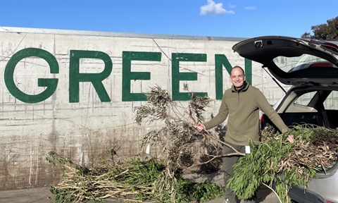 Man unpacking large tree branches from the boot of his car. In the background a wall spells out 