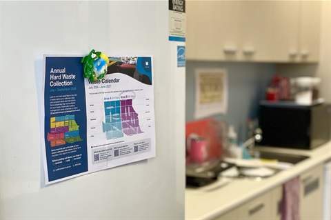 Monash waste calendar 2026-27 displayed on a fridge in a ktichen