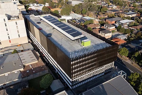 Aerial photo of buildings with solar panels