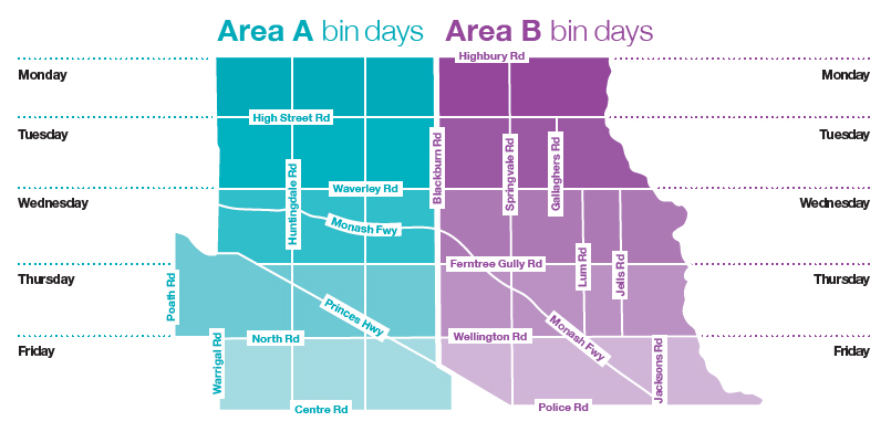 Waste calendar Area A and Area B bin days map