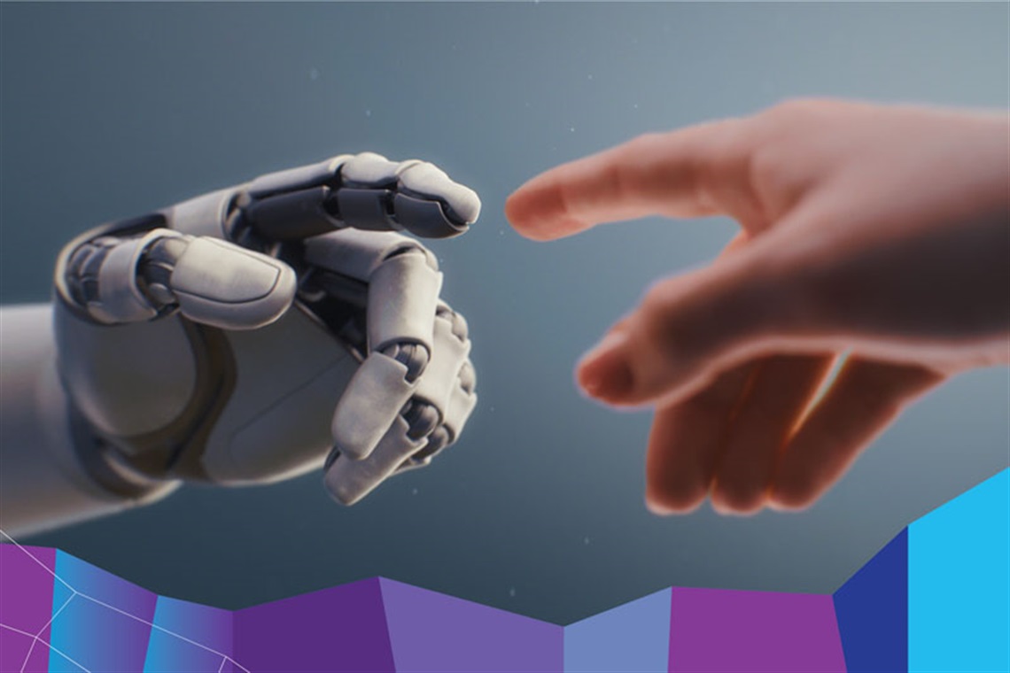 A close up shot of a human hand reaching out to touch robot hand