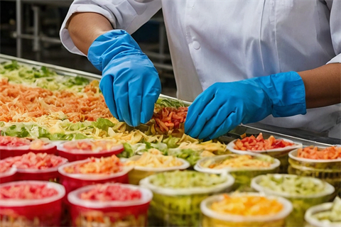 Close up of two gloved hands packaging vibrantly coloured fruit and salad bowls