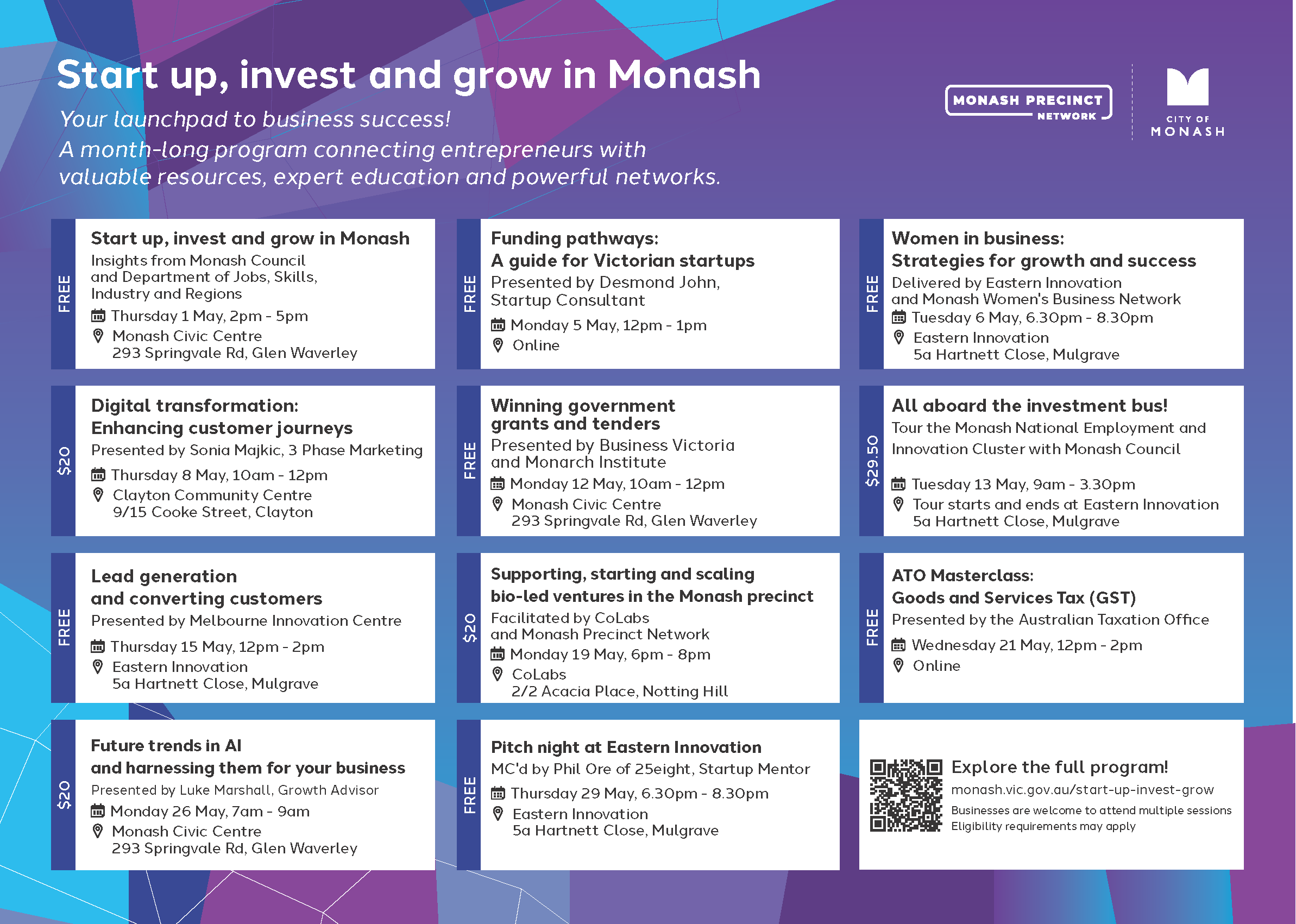 Start Up Invest and Grow in Monash calendar