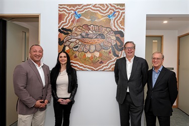 Dorrington Child Family Hub - Mayor Paul Klisaris - Matt Fregon MP - Deputy Mayor Brian Little - Wurundjeri Artist Simone Thomson in front of Thomson's artwork 