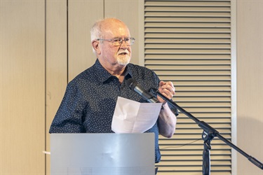 Poetic Portraits writer Mike Cannon reading at the launch