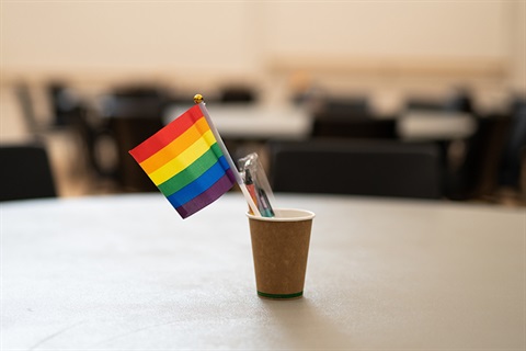 Pride flag in pen holder on a desk 