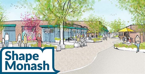 Computerised image of Mount Waverley Activity Centre with text Shape Monash