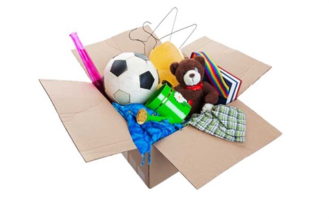 Clothes and toys in a box