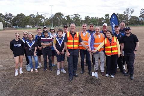 Monash mayor Cr Paul Klisaris, councillors Cr Shane McCluskey and Cr Nick Luo and state MP John Mullahy at Central Reserve sod turn