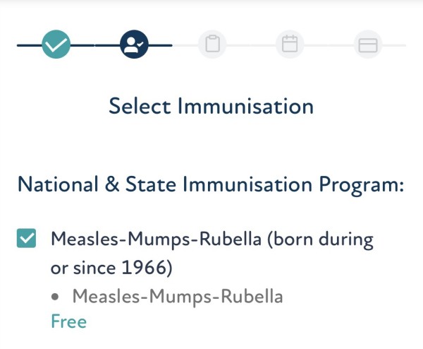 The Select Immunisation screen on the Vitavo booking platform, with the Measles-Mumps-Rubella vaccination selected