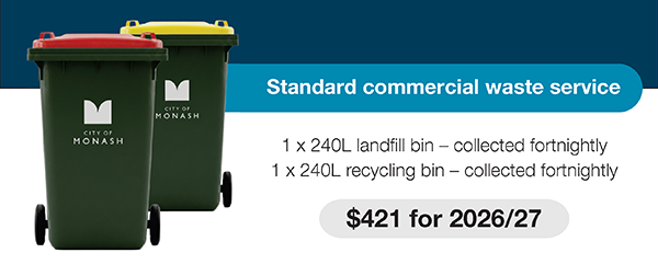 Image of Council's standard commercial waste service: 1 240L landfill (red lid) bin and 1 240L recycling (yellow lid) bin with the words $421 for 2026/27 underneath
