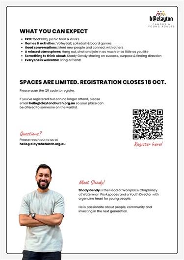 B@Clayton Campus and Young Adults Sunday Connect Supper Flyer (Front)