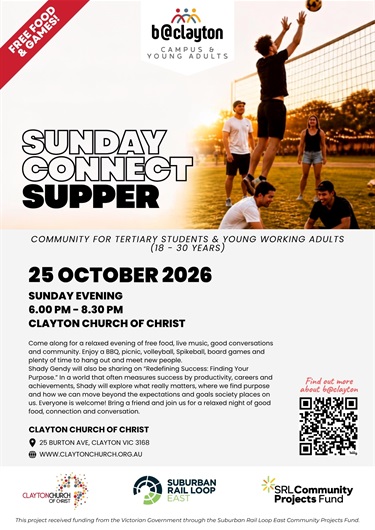B@Clayton Campus and Young Adults Sunday Connect Supper Flyer (Front)